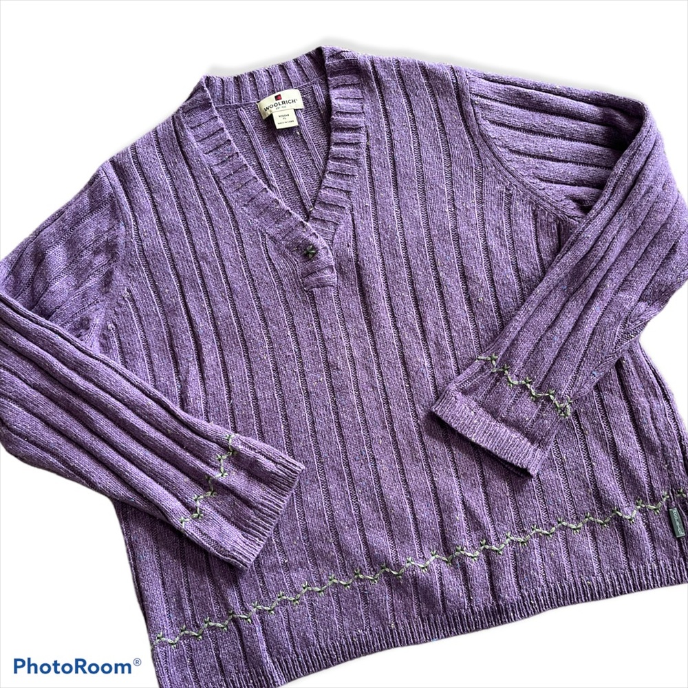 WOOLRICH VINTAGE PURPLE V-NECK PULLOVER SWEATER, GREEN STITCHED DETAILS, SZ: XL